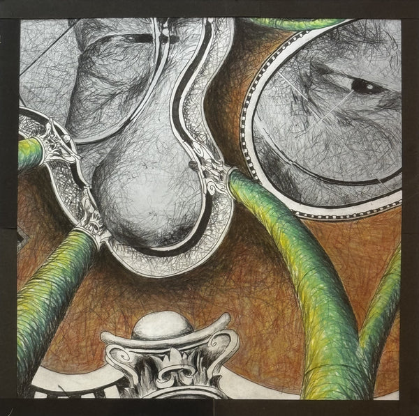 Artistic illustration of a detailed anatomical drawing with green columns and a brown background