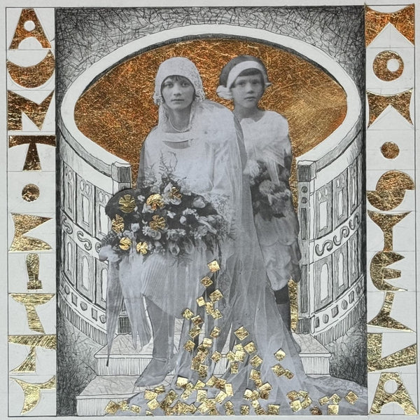 Bride and Flower Girl Sisters Icon, ink and graphite collage with gold leaf by Cerulean Arts Collective Member John James Pron