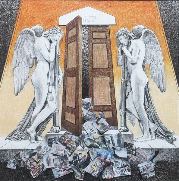 Collage of two angel statues flanking a wooden door with 'JJP' above, surrounded by scattered pages.