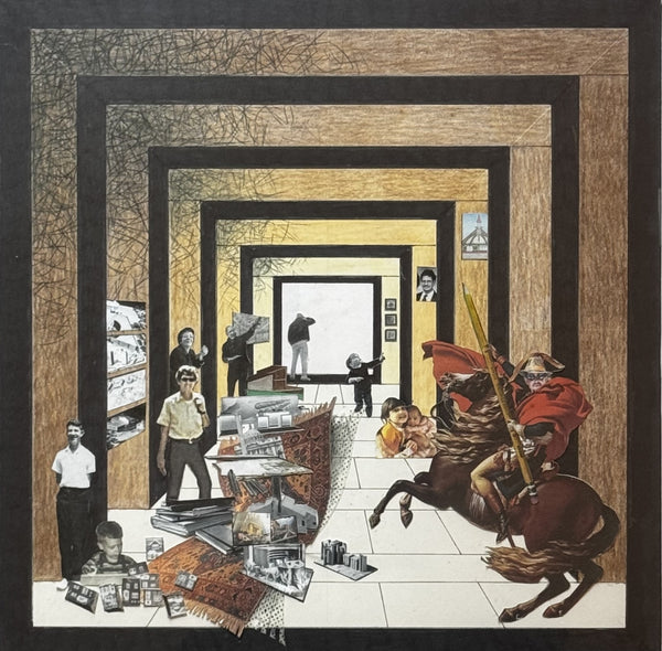 Collage of people in various settings with a central figure on a horse, framed by concentric squares.