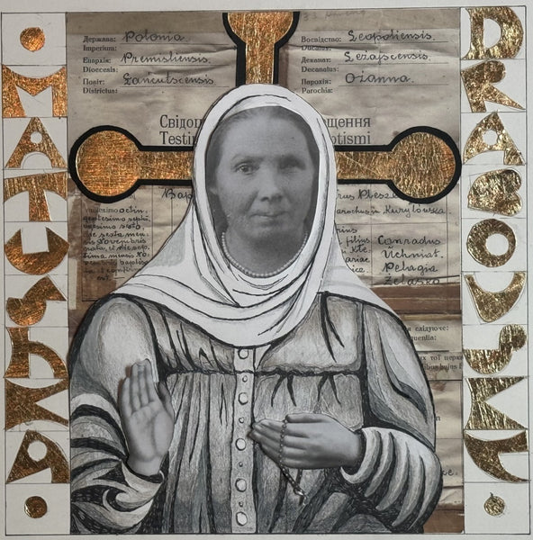 Maternal Grandma Icon, ink and graphite collage with gold leaf by Cerulean Arts Collective Member John James Pron.