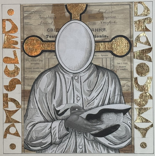 Maternal Grandpa Icon, ink and graphite collage with gold leaf by Cerulean Arts Collective Member John James Pron