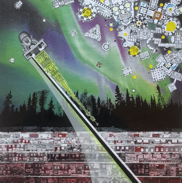 Artistic depiction of a futuristic cityscape with a large sword-like structure and alien architecture.