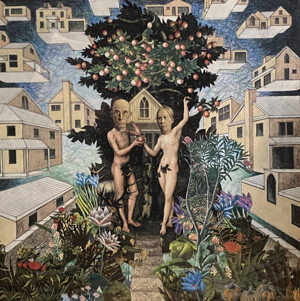 Collage depicting human figures in a garden surrounded by with floating houses.