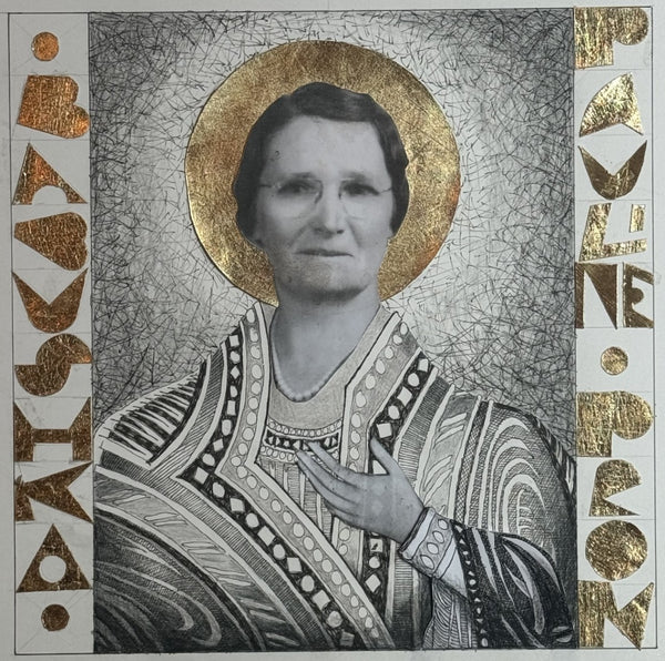 Paternal Grandpa Icon, ink and graphite collage with gold leaf by Cerulean Arts Collective Member John James Pron