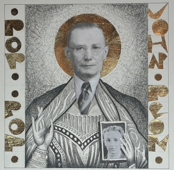 Paternal Grandpa Icon, ink and graphite collage with gold leaf by Cerulean Arts Collective Member John James Pron