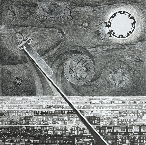 Roman Candles, ink and graphite collage by Cerulean Arts Collective Member John James Pron.