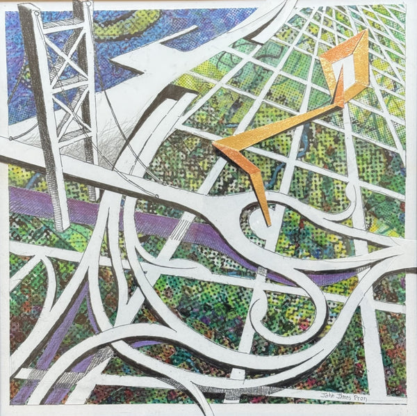 An abstract art print featuring a complex network of white highway ramps and bridges over a green, yellow, and blue mosaic background, with a prominent golden arrow pointing diagonally upward.