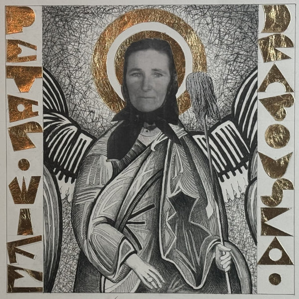 Ukrainian Aunt Icon, ink and graphite collage with gold leaf by Cerulean Arts Collective Member John James Pron