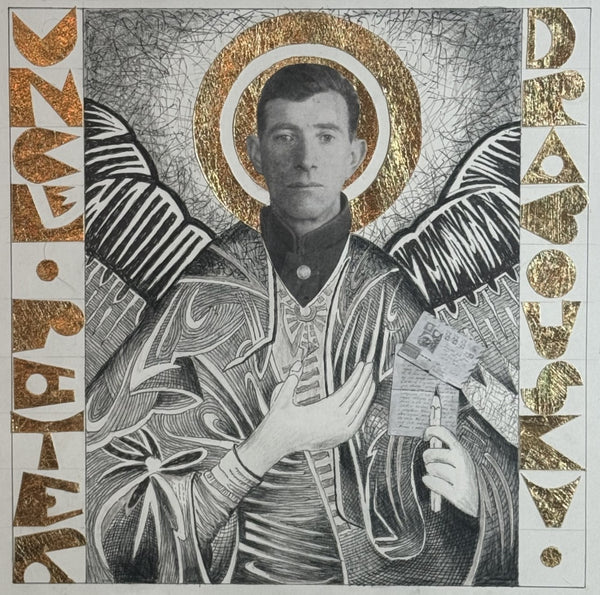 Ukrainian Uncle Icon, ink and graphite collage with gold leaf by Cerulean Arts Collective Member John James Pron