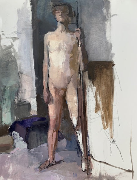 Standing Male Nude, oil on paper painting by Philadelphia artist Carolyn Pyfrom
