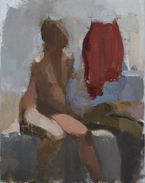 Seated Nude with Red, oil on canvas panel painting by Philadelphia artist Carolyn Pyfrom