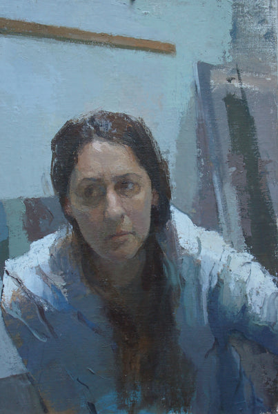 Self at 42, oil on canvas panel painting by Philadelphia artist Carolyn Pyfrom