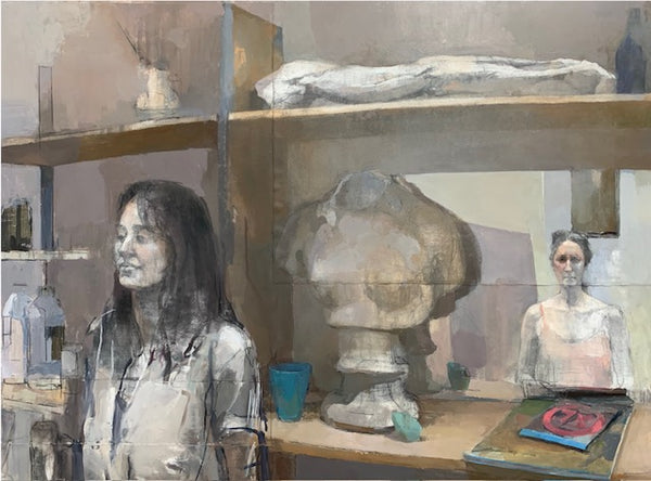 Self-Portrait with Kiera and Still-Life, mixed media on paper glued to aluminum panel (acm) panel painting by Philadelphia artist Carolyn Pyfrom