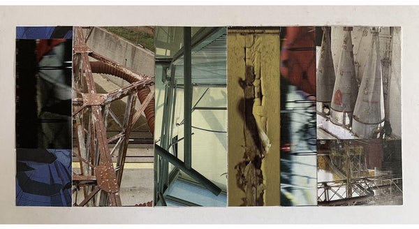 A horizontal collage artwork composed of multiple vertical panels showing abstract architectural and industrial imagery, including metal structures, glass, a yellow wall with dark marks, and stacked cylindrical forms, presented on a light neutral background.