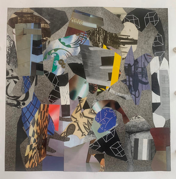 Abstract collage with geometric shapes and patterns on a textured background