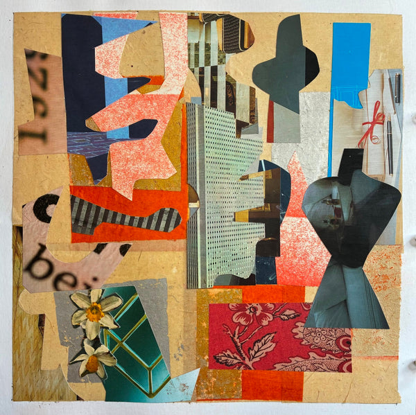 Collage art with various patterns and shapes on a textured surface