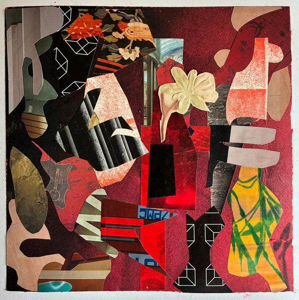 Collage art with abstract shapes and colors on a red background