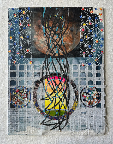 Abstract art piece with geometric patterns and a central form on a textured background
