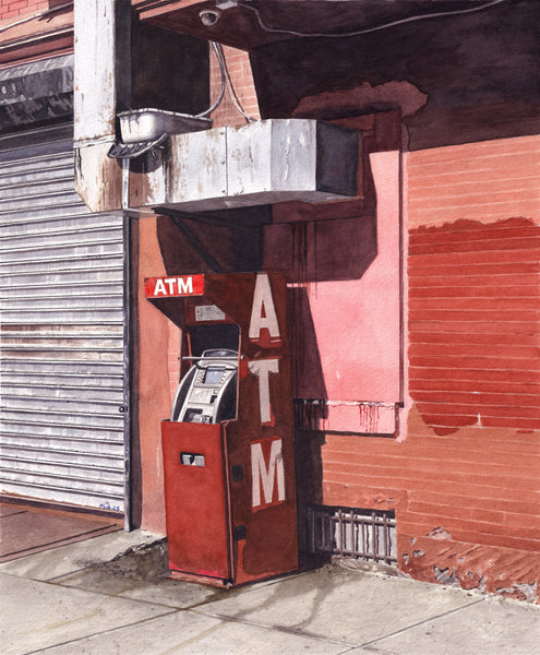 Watercolor painting of an exterior ATM against a brick storefront.
