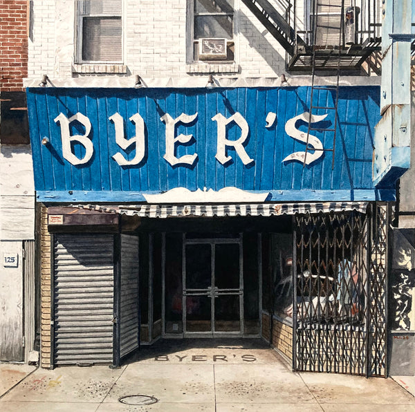 Watercolor painting of a storefront with signage.
