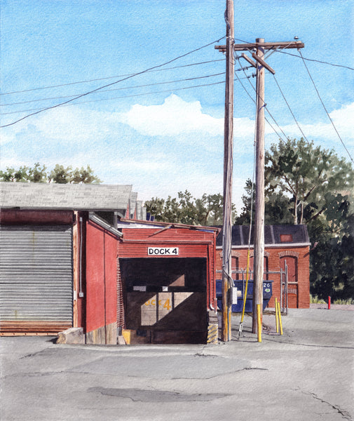 Watercolor painting of a brick loading dock.