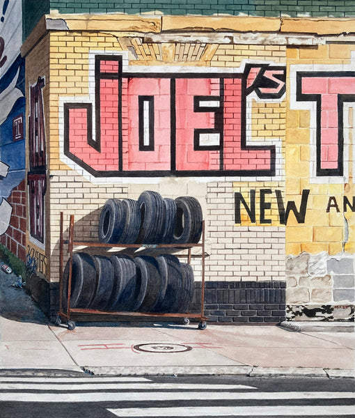 Watercolor painting of a brick building with painted signage and tire rack out front.