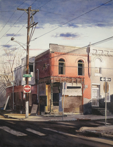 Watercolor painting of a city street corner with storefront.