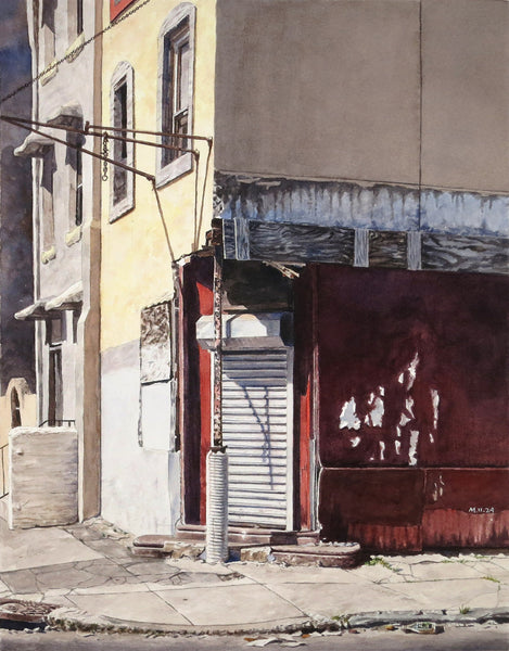 Watercolor painting of an urban corner storefront