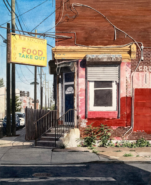 Watercolor painting of a city street corner with corner take out restaurant.