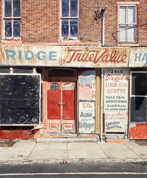 Watercolor painting of an urban brick storefront with signage.