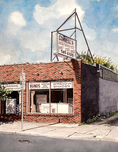 Watercolor painting of a brick storefront with signage