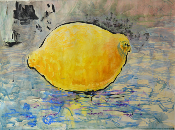 Painting of a lemon on a textured surface with abstract background