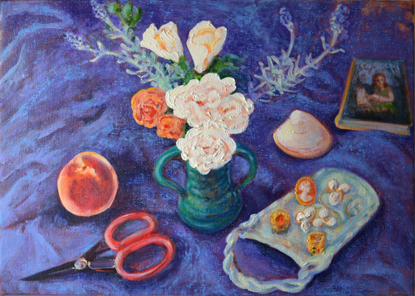 Still life painting with flowers, shell, peaches, and scissors on a textured purple surface.