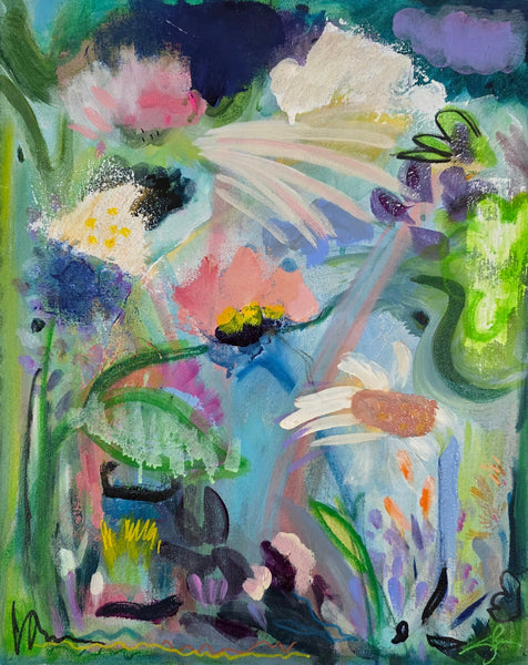 Colorful abstract painting of flowers and plants