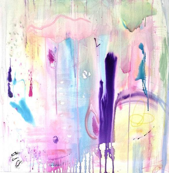 Abstract painting with colorful splashes of paint on a white background