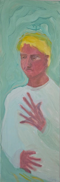 Acrylic painting of a person with yellow hair and red hands on a light green background