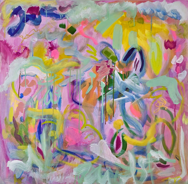 Abstract painting with vibrant colors and dynamic shapes on a pink background
