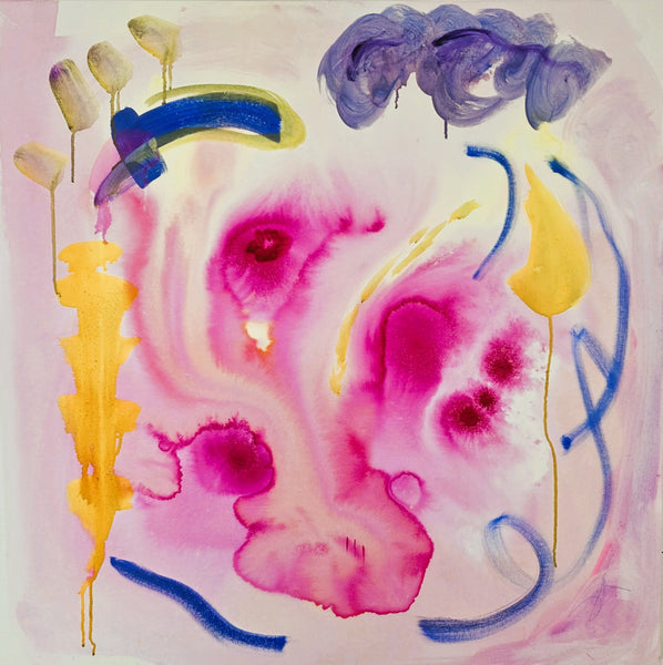 Abstract painting with pink, blue, yellow, and purple colors on a light pink background