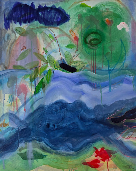 Abstract landscape painting with blue, green, and red colors