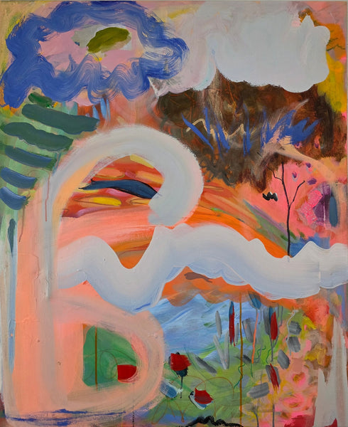 Abstract painting with colorful landscape and swan-like figure