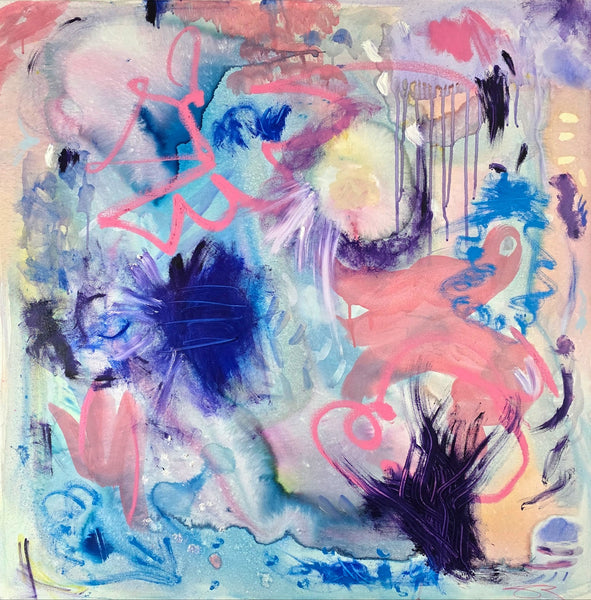 Abstract artwork with pink, blue, and purple brush strokes on a light background