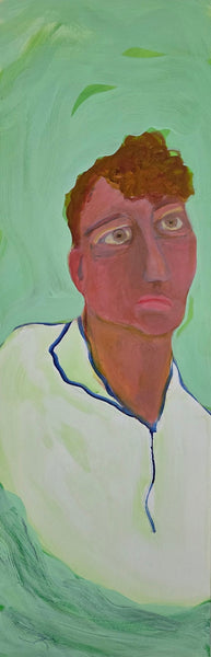 Acrylic painting of a person with a green background