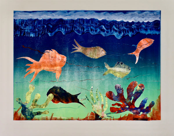 Aquarium I, monotype print with hand coloring by Philadelphia artist Tony Rosati available at Cerulean Arts. 