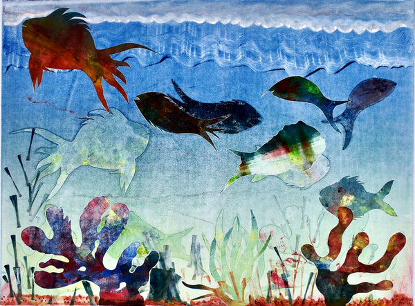 Aquarium II, monoprint with hand coloring by Philadelphia artist Tony Rosati available at Cerulean Arts