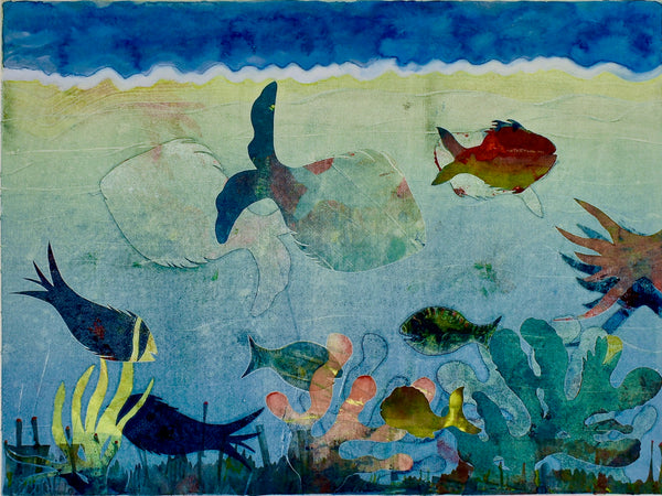 Aquarium IV, monoprint with hand coloring by Philadelphia artist Tony Rosati available at Cerulean Arts