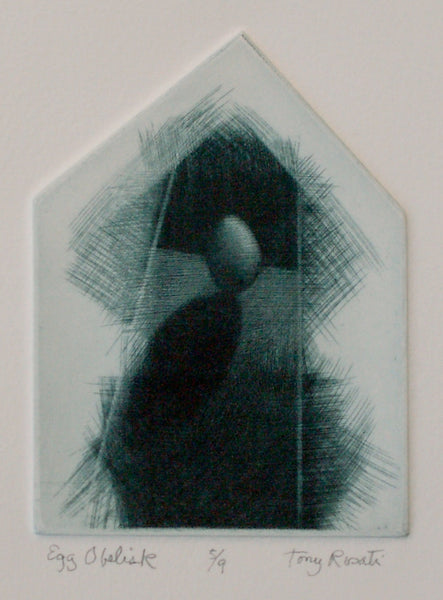 Egg Obelisk, mezzotint print by Philadelphia artist Tony Rosati available at Cerulean Arts