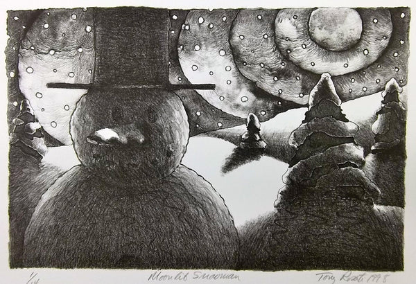 Moonlit Snowman, lithograph print by Philadelphia artist Tony Rosati available at Cerulean Arts.