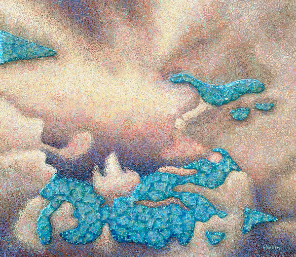 Both Sides Now #1, acrylic, glass beads, and shattered tempered glass on canvas painting by Cerulean Arts Collective member Elynne Rosenfeld.