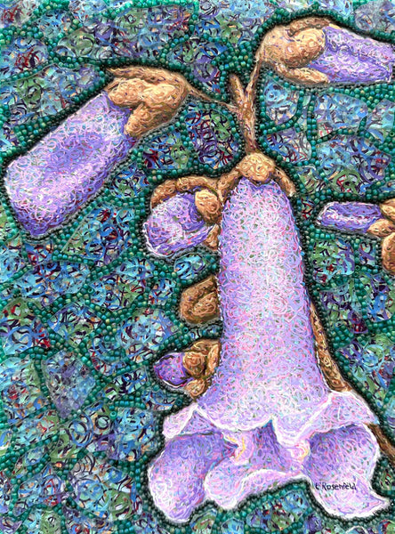 Mosaic artwork of a stylized flower with purple petals and green leaves.
